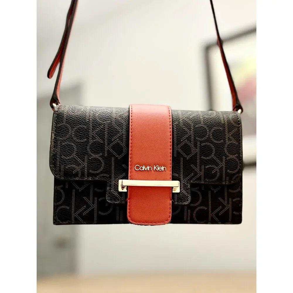 Calvin Klein Women’s Monogram Crossbody Wallet Purse Brown/Red Multi Card Slots